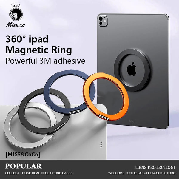 A dark gray iPad case featuring a magnetic ring accessory for 360 degree grip and protection.
