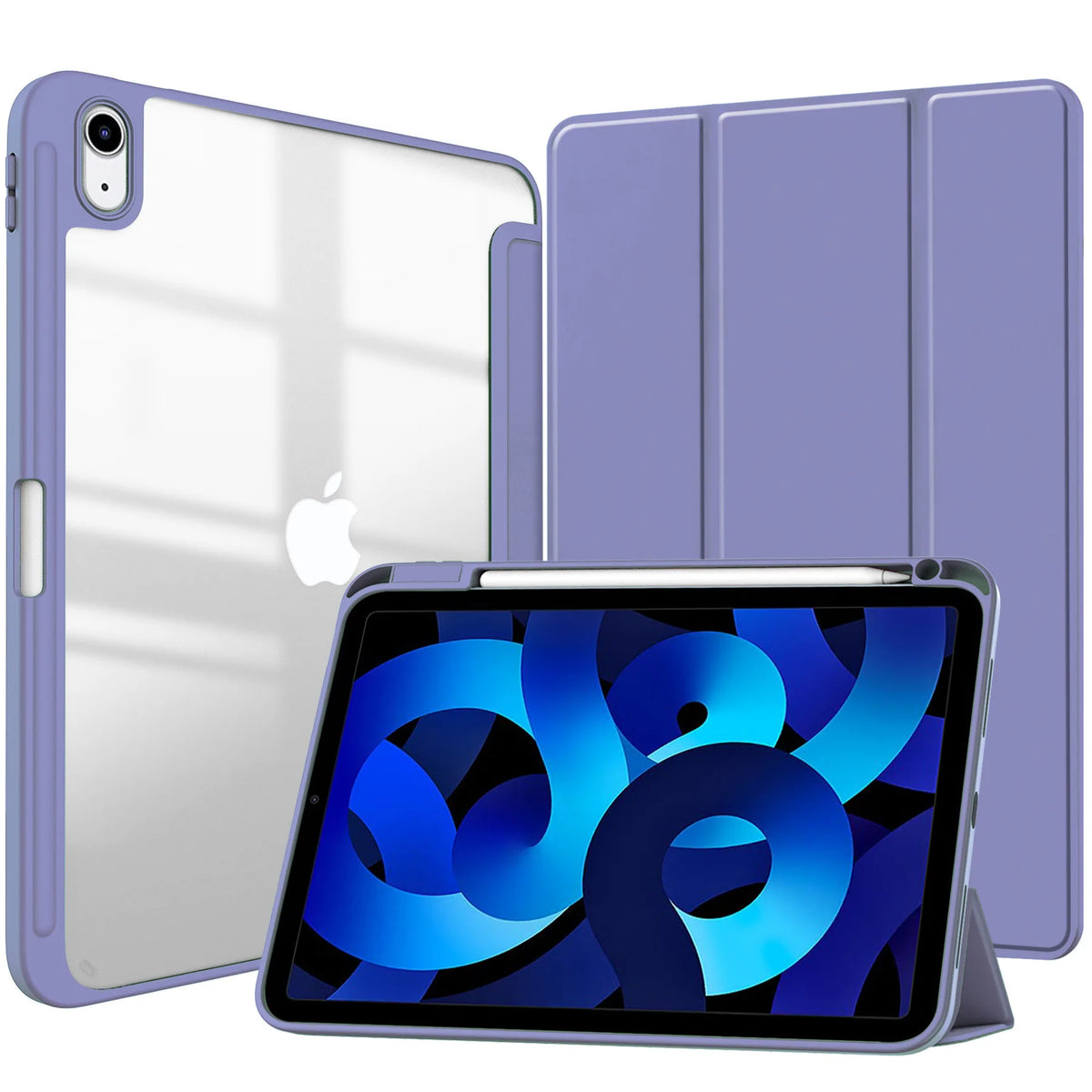 A purple protective case and a tablet with a blue interface are shown side by side.