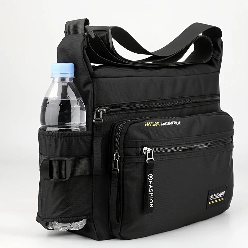 Black women's multifunctional crossbody bag with a clear water bottle inside