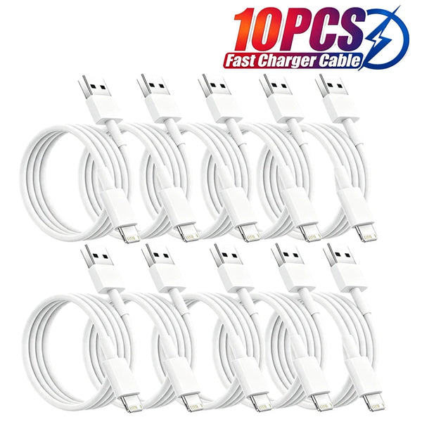 A set of ten white USB-C fast charger cables for iPhone