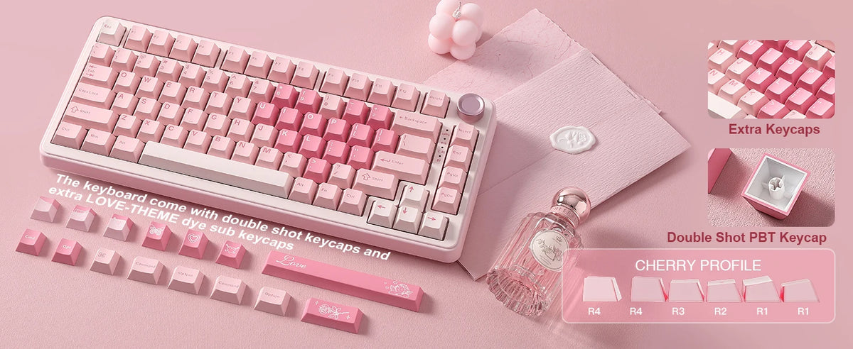 A pink mechanical keyboard with extra dove-theme dye shot keycaps and related accessories is displayed on a pink background.