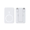 A white portable magnetic wireless power bank shown from the front and side views.