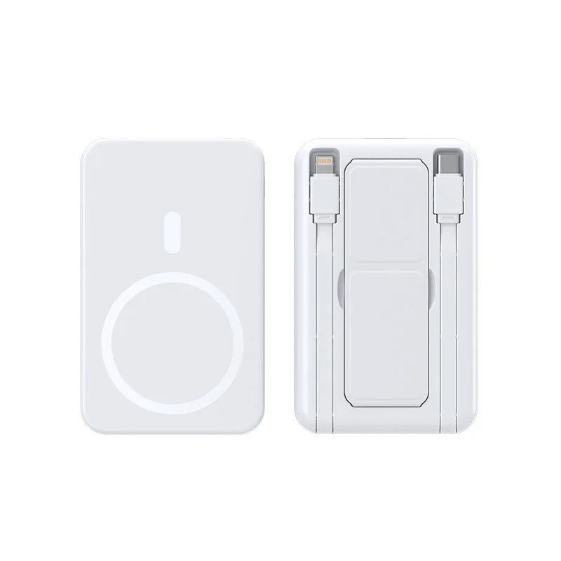 A white portable magnetic wireless power bank shown from the front and side views.