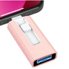 A pink flash drive with a connector for an iPhone, Android, and computer.