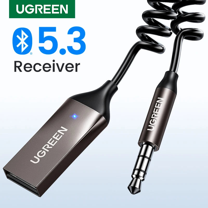 A UGREEN Bluetooth 5.3 Receiver device shown with its connector cable.