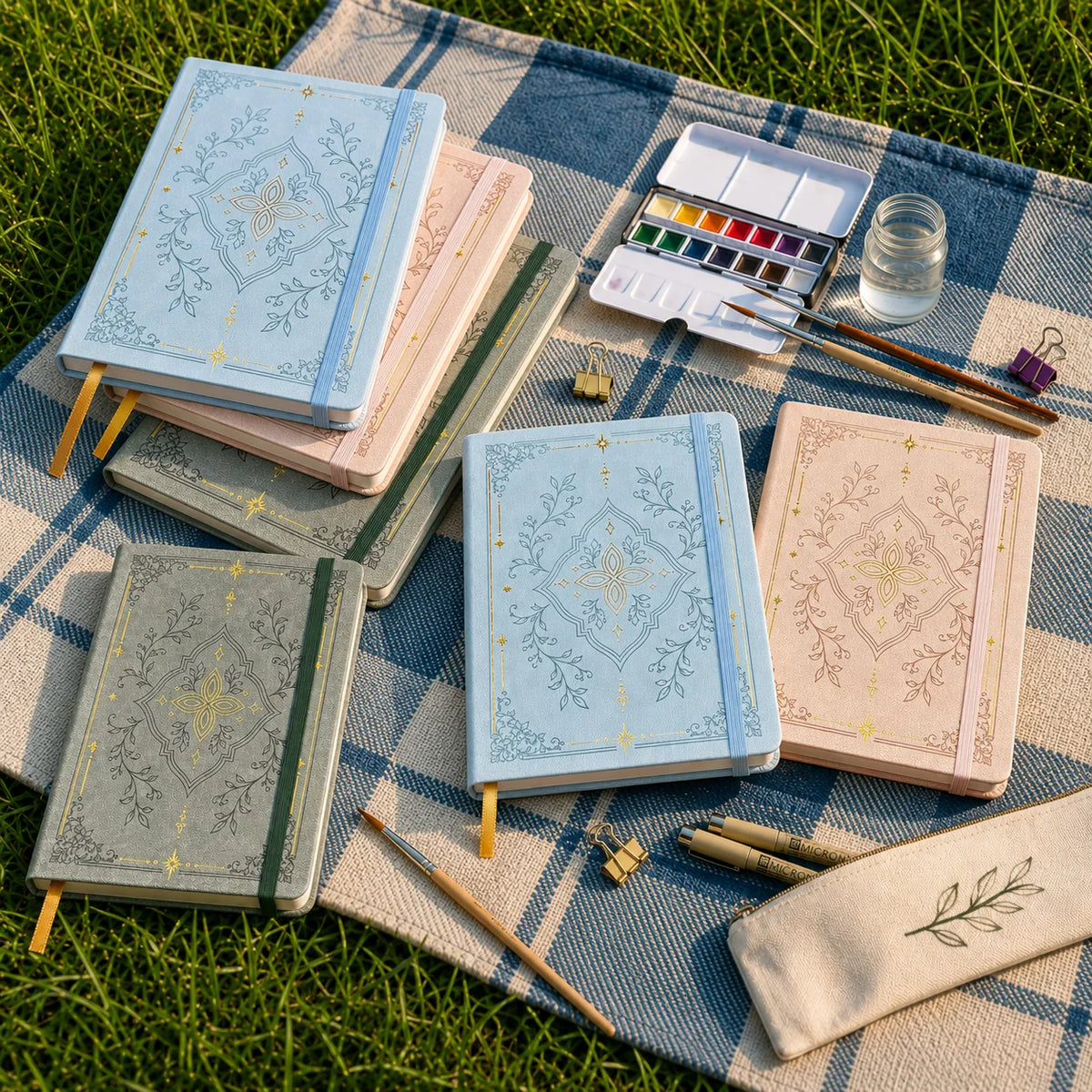 A stack of A5 dot grid notebooks with gold foil botanical covers, a palette, and paintbrushes on a blue and white plaid cloth