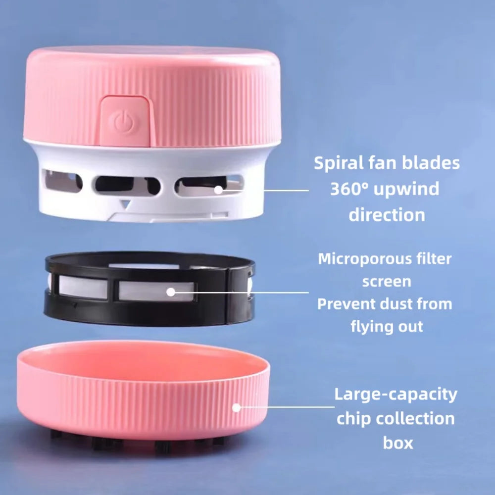 Pinkes und weißes Mini-Schreibtischstaubsauger mit Spiralventilatorblättern und großer Chip-Sammlungsbox