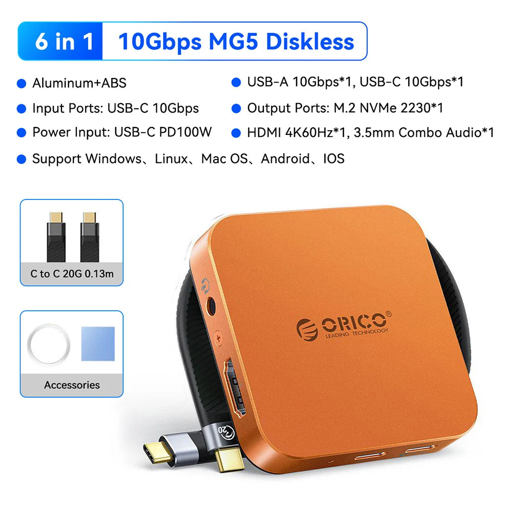 An orange high-speed NVMe SSD to USB Hub dock with various ports and accessories.