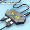 A gray USB splitter with four ports and a Type-C power port is shown on a light blue background.