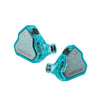 A pair of transparent blue in-ear monitors with metallic accents.