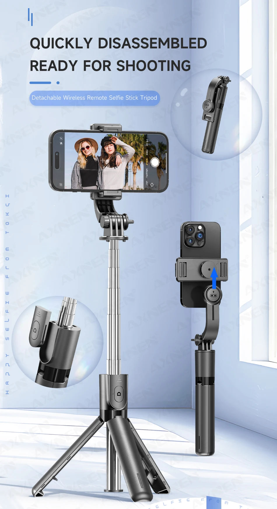 A black versatile selfie stick tripod is shown with a smartphone attached, demonstrating its quick disassembly for shooting.