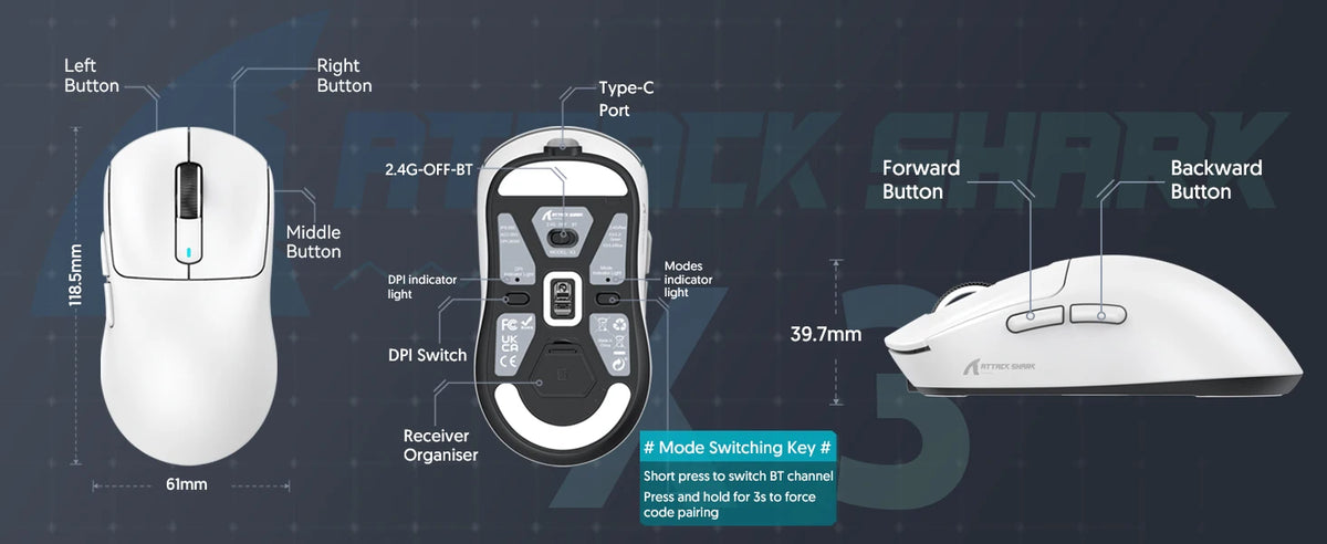 An Attack Shark wireless gaming mouse shown with its buttons and ports.