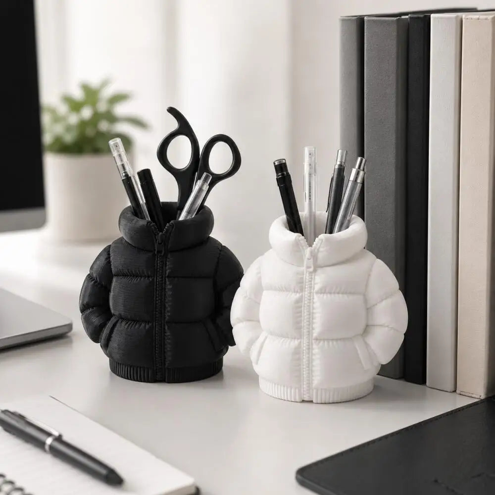 A black puffer jacket shaped pen holder with scissors and a white puffer jacket shaped pen holder on a desk.