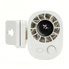 A white portable mini fan with a clip, showing a digital display and an adjustable dial.