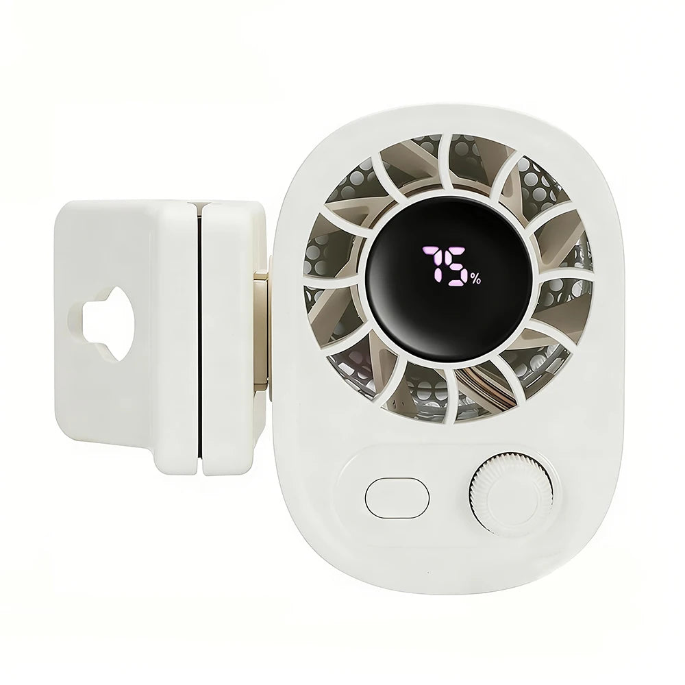 A white portable mini fan with a clip, showing a digital display and an adjustable dial.
