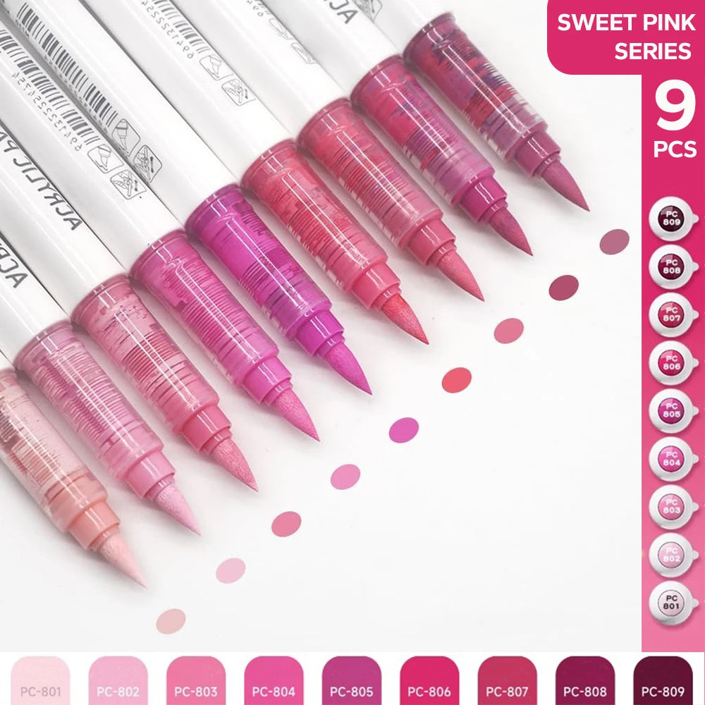 A set of nine sweet pink acrylic brush markers in various shades displayed on a white background.