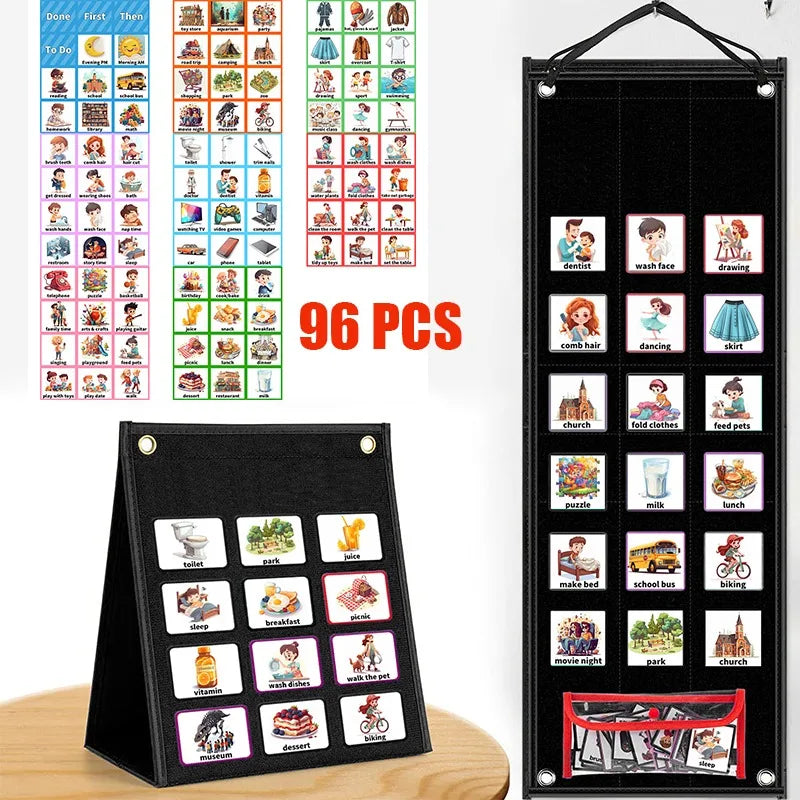 A set of 96 visual schedule cards for kids showing daily routines and activities.