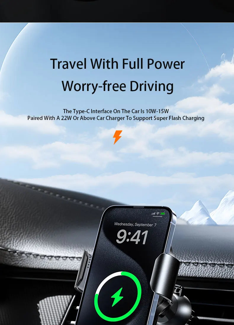 A smartphone is shown being charged using a Type-C interface on a car, illustrating worry-free driving with super flash charg
