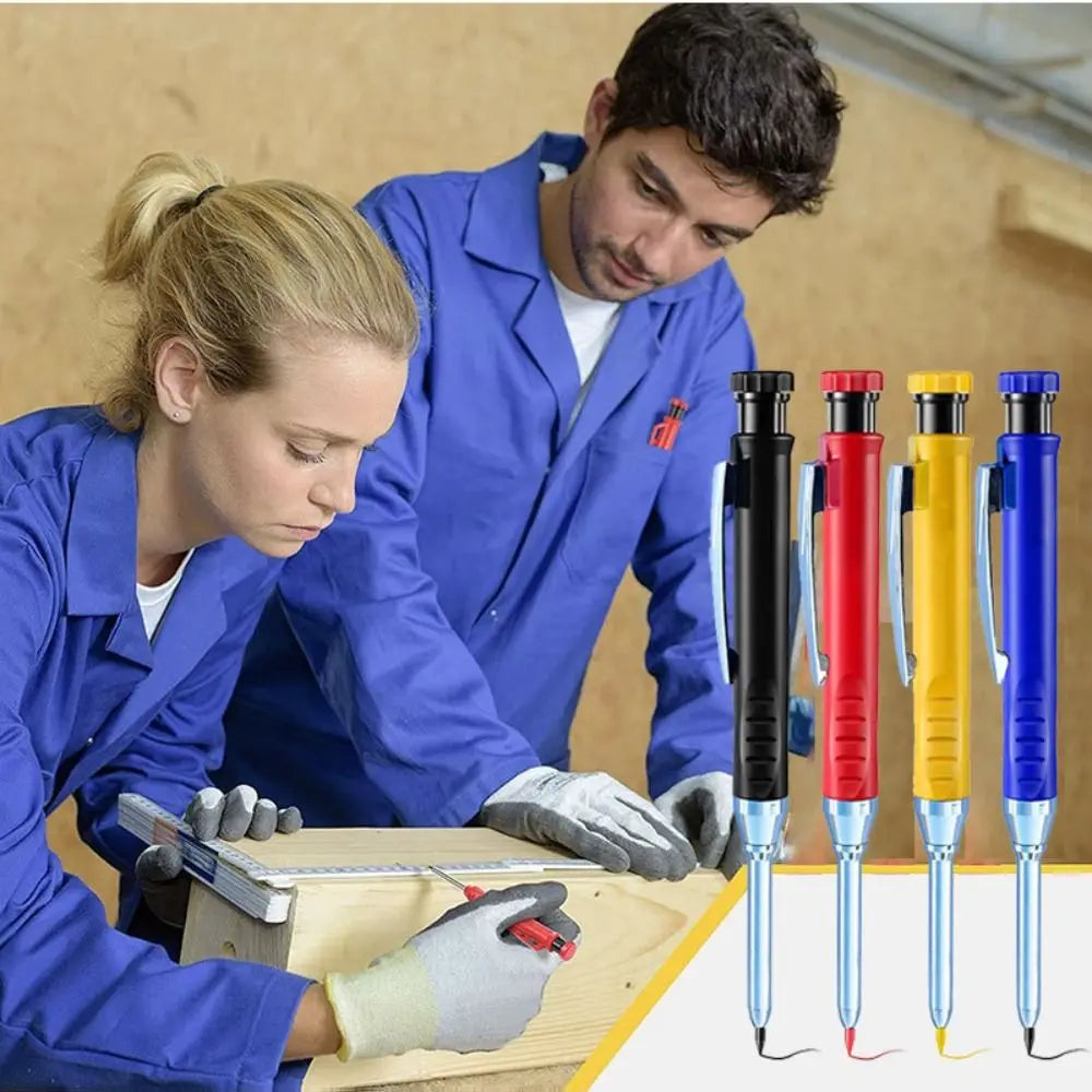 A woman in a blue lab coat is using a precision mechanical pencil with a built-in sharpener for deep hole marking.