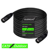 Black shielded CAT6 network cable coiled and shown with connectors, suitable for outdoor use.