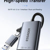 A silver portable mobile card reader with dual SD/TF connectors is shown transferring data to a tablet.