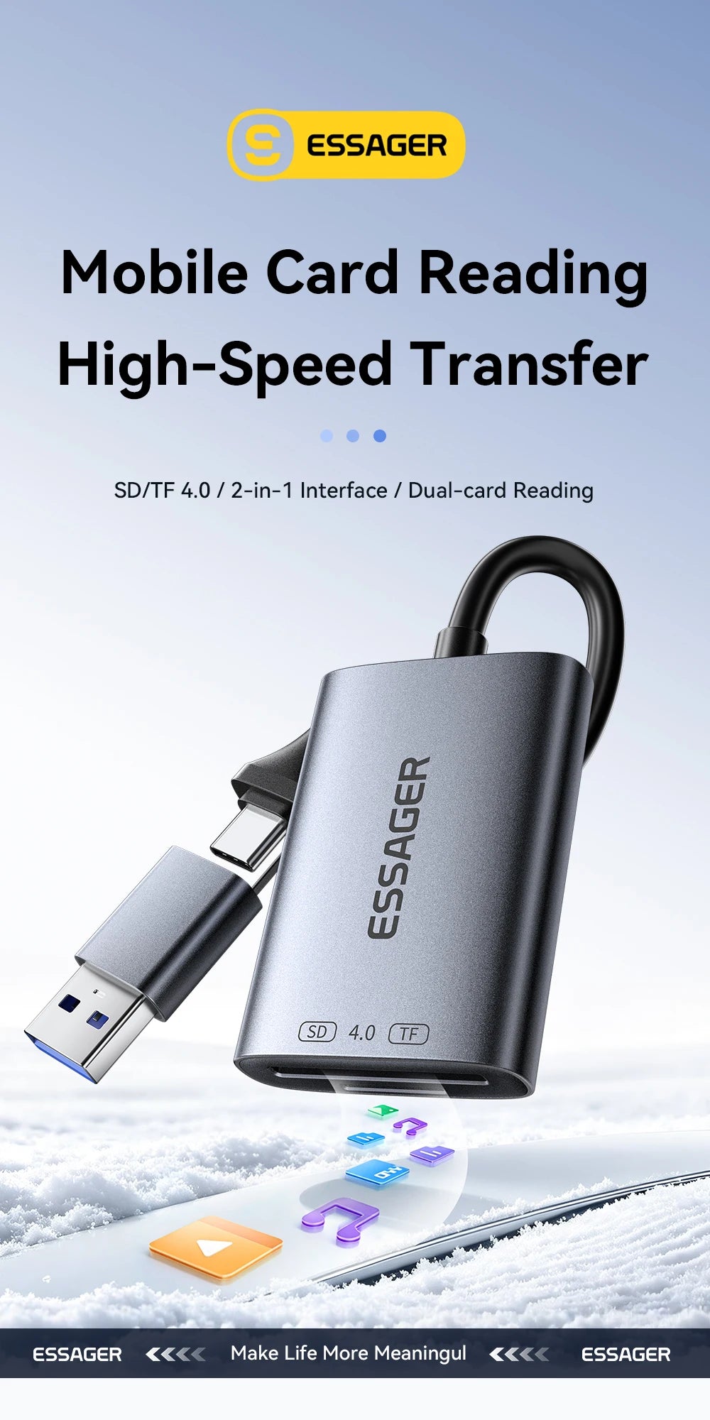 A silver portable mobile card reader with dual SD/TF connectors is shown transferring data to a tablet.