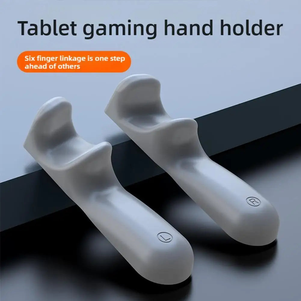 A pair of white silicone tablet gaming hand holders showing the grip design.