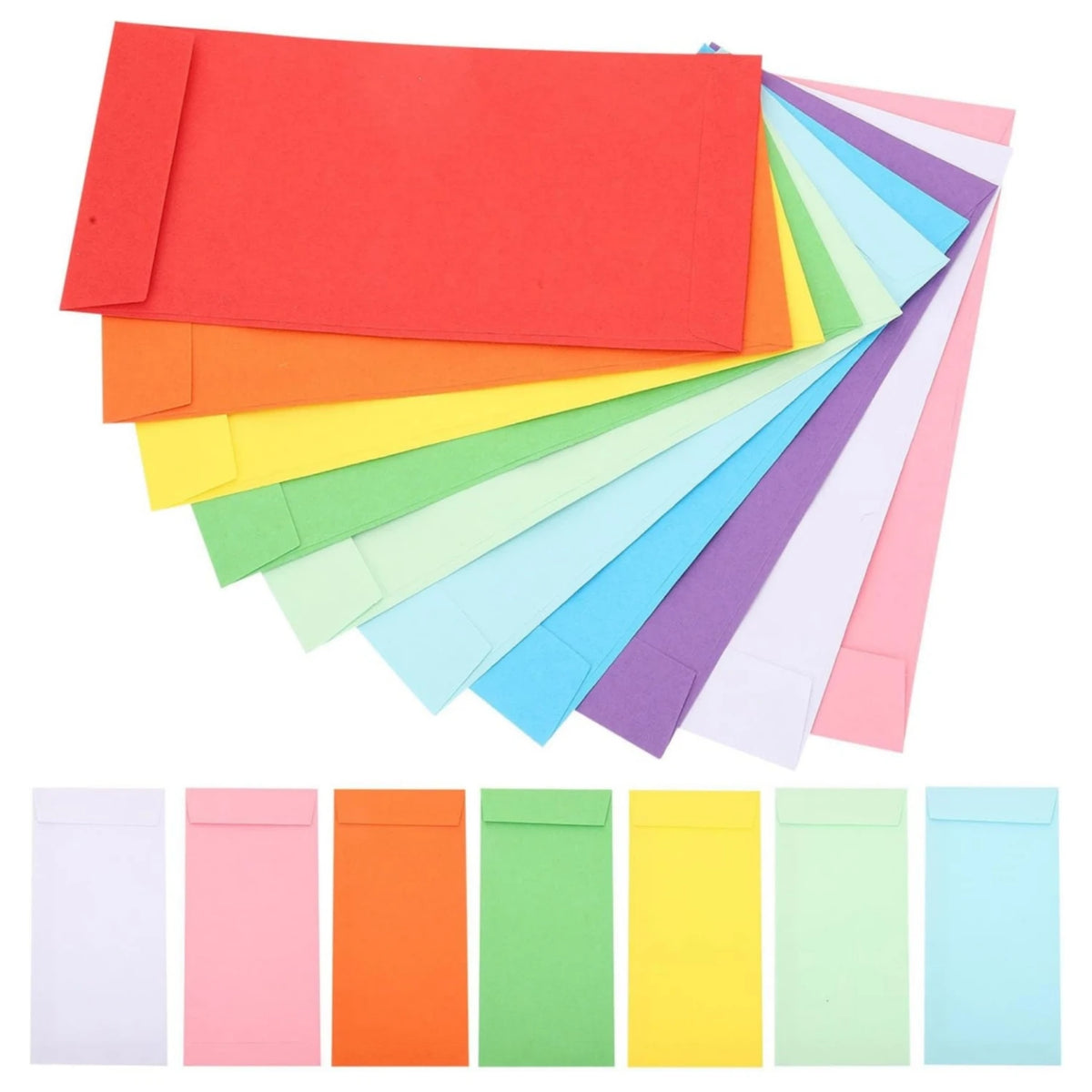 A stack of colorful cash envelopes in various shades including red, orange, yellow, green, blue, and purple.