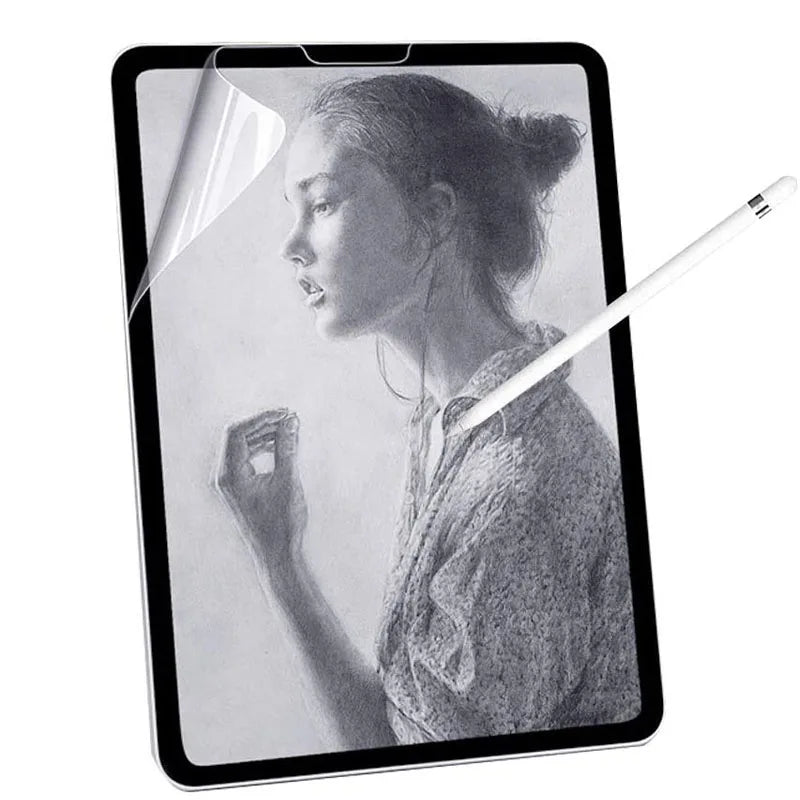 Film protecteur mat pour iPad montrant un portrait noir et blanc d'une femme.