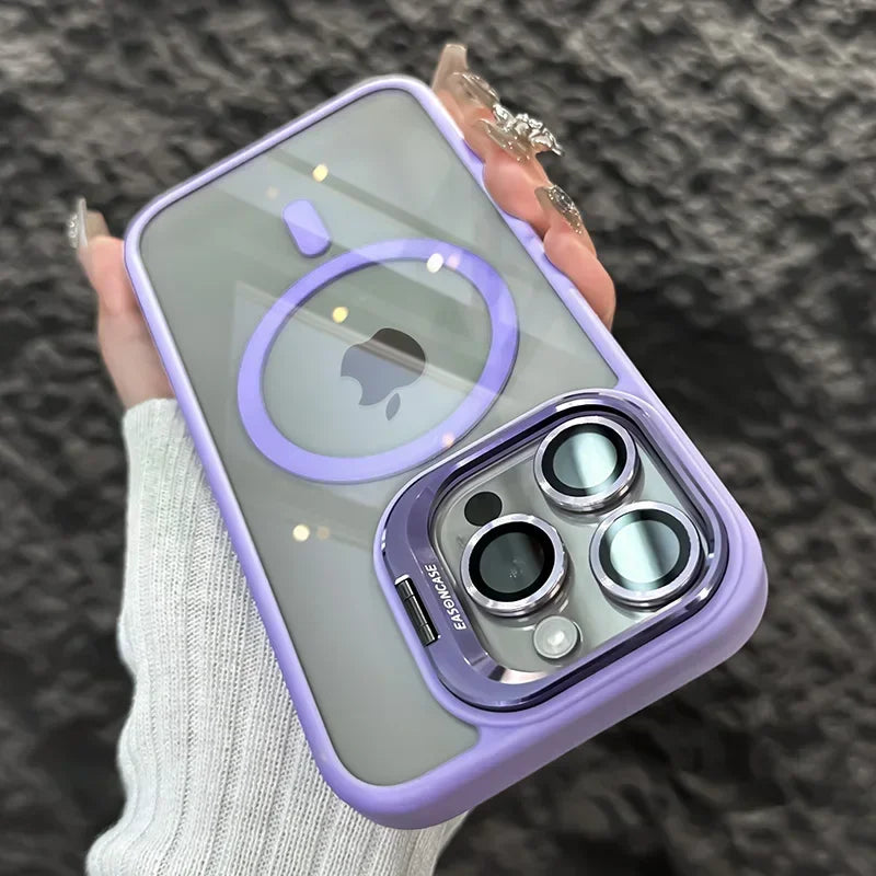 A purple magnetic shockproof phone case for an iPhone is held by a hand against a dark background.