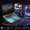 Adjustable RGB laptop cooling pad featuring a phone holder and dual turbo fans for improved cooling