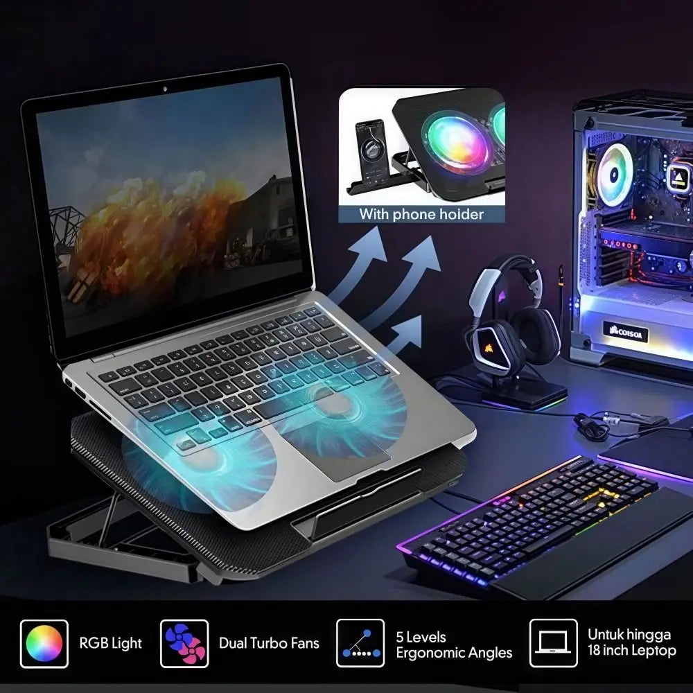 Adjustable RGB laptop cooling pad featuring a phone holder and dual turbo fans for improved cooling