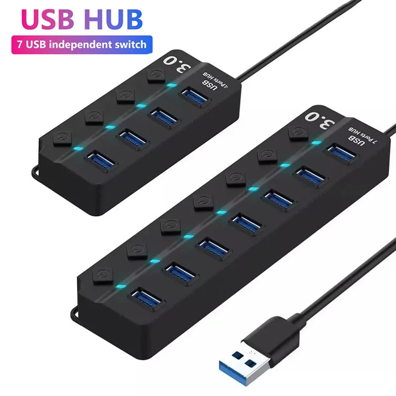 A black 7-port USB hub with individual power switches and LED indicators shown in various angles.