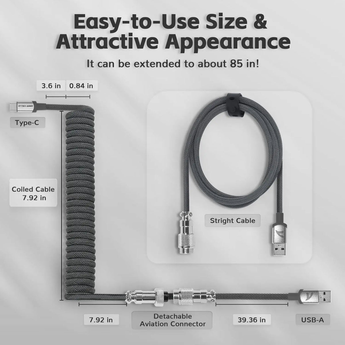 كابل شحن USB-C ملفوف بأطوال وموصلات مختلفة، بما في ذلك موصل طيران قابل للفصل