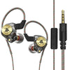 A pair of wired hi-fi earphones with microphones and cables shown against a white background.