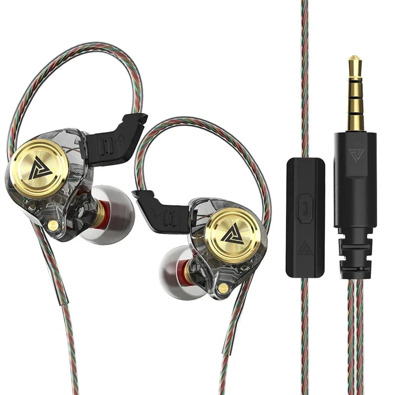 A pair of wired hi-fi earphones with microphones and cables shown against a white background.