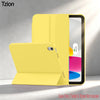 A yellow trifold smart cover for an iPad is shown next to the device.
