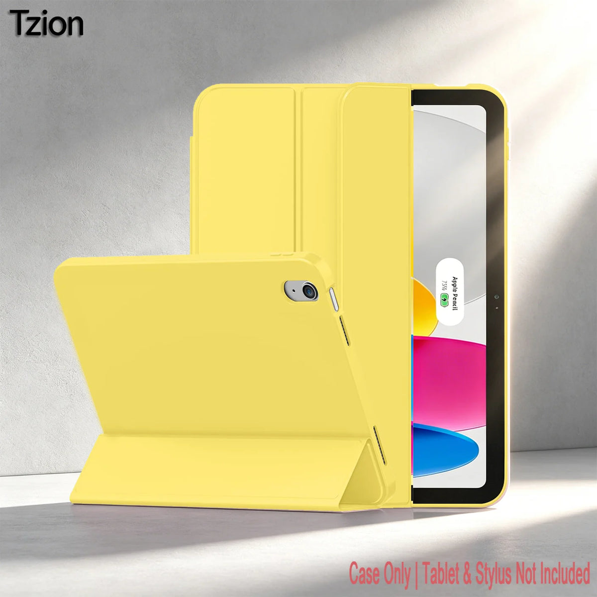A yellow trifold smart cover for an iPad is shown next to the device.