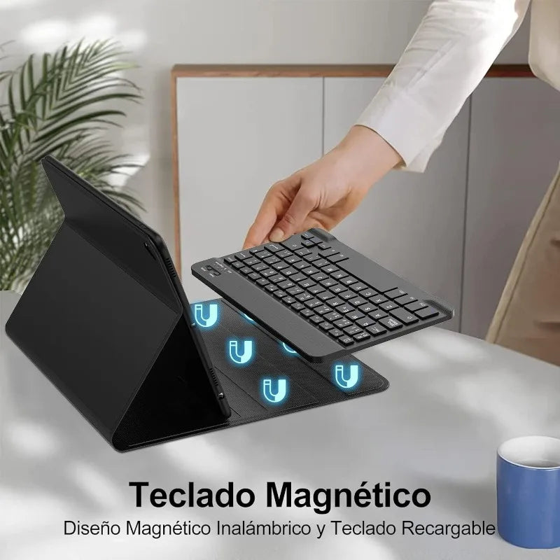 A black magnetic detachable wireless keyboard folio case for an iPad is shown on a table.
