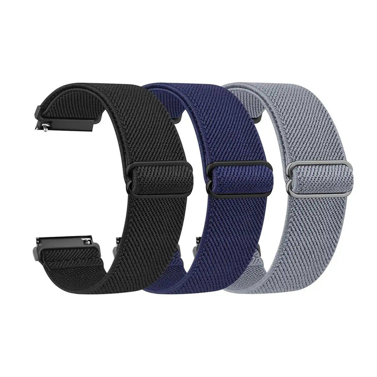 Three colored elastic sports bands in black, navy blue, and gray laid out for a Garmin watch.