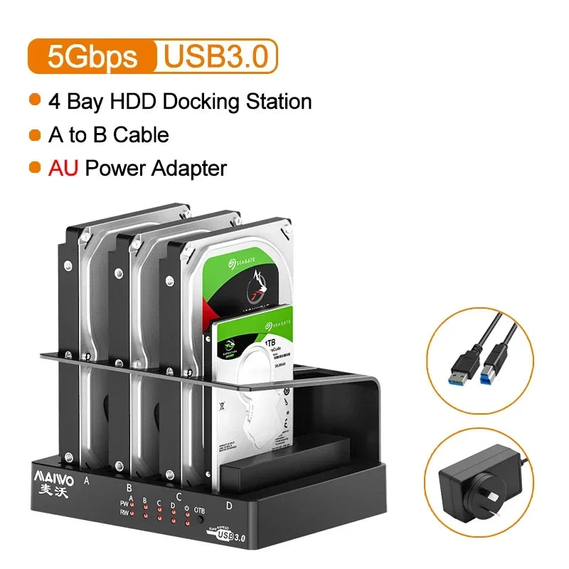 A black 4-bay HDD docking station with four drive slots, an A to B cable, and an AU power adapter.