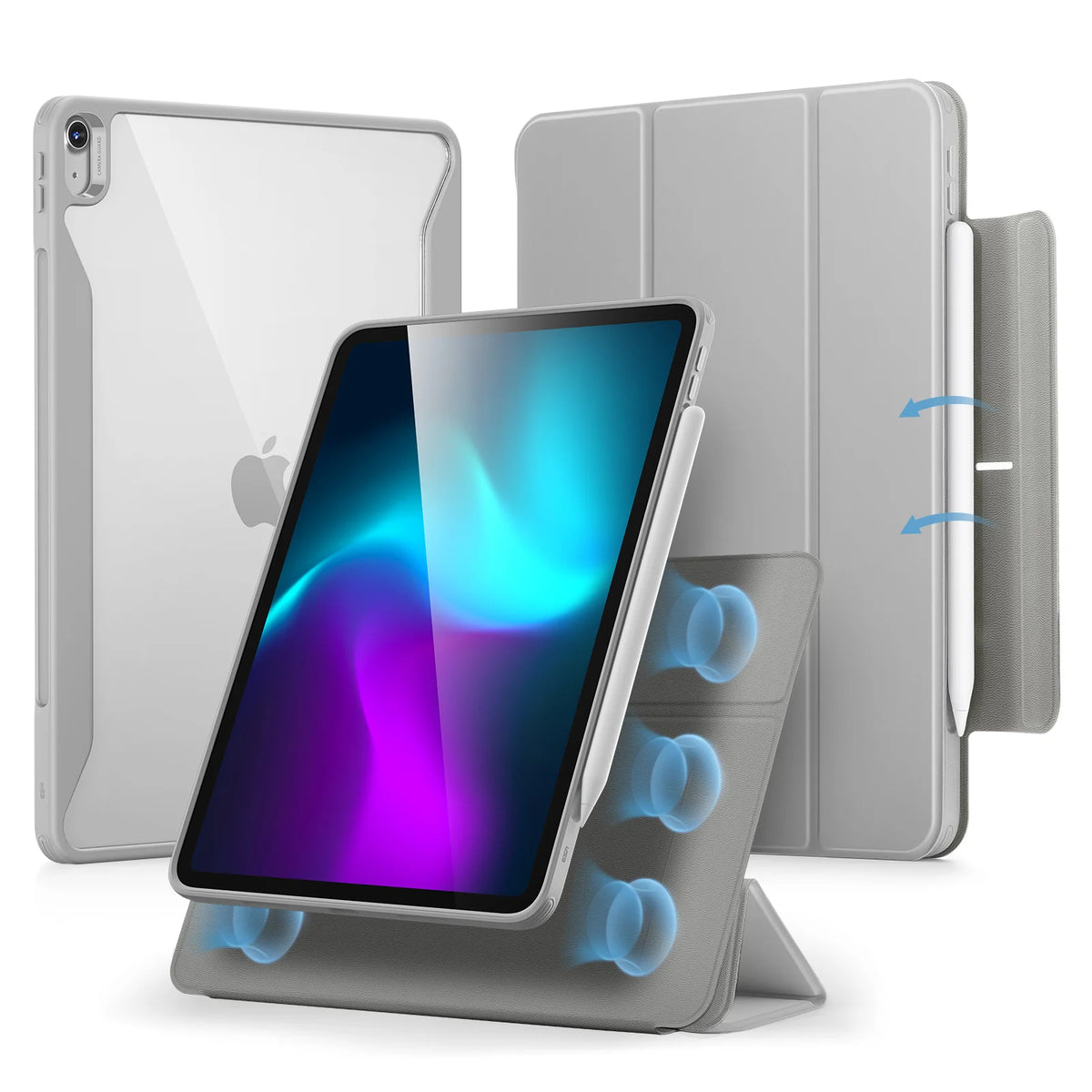 A silver magnetic folio case for an iPad Air tablet is shown alongside the device.