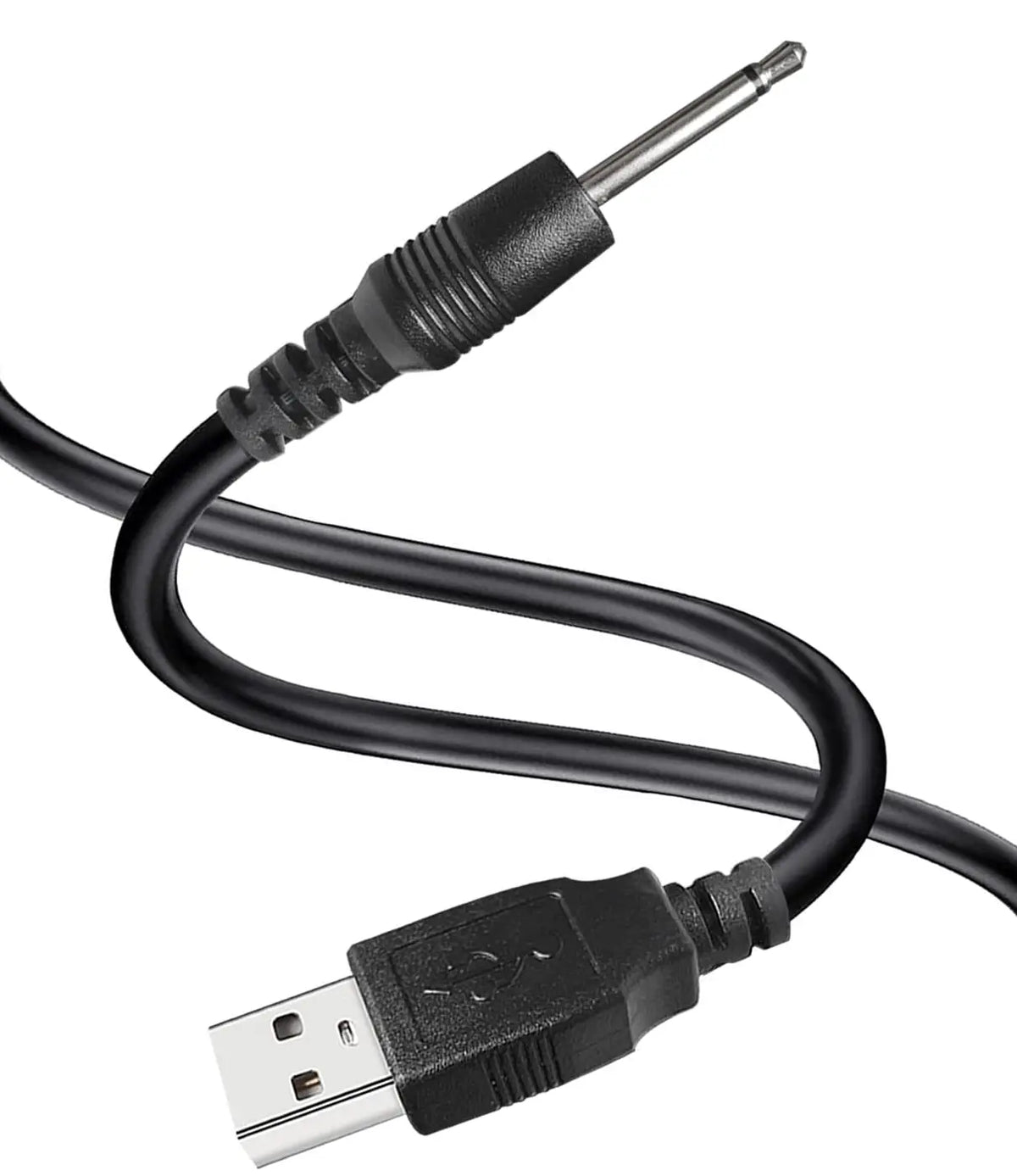 Cable adaptador de carga negro con conector DC y enchufe USB.