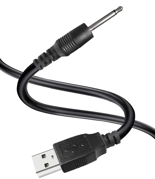 Black charging adapter cable with a DC connector and a USB plug.