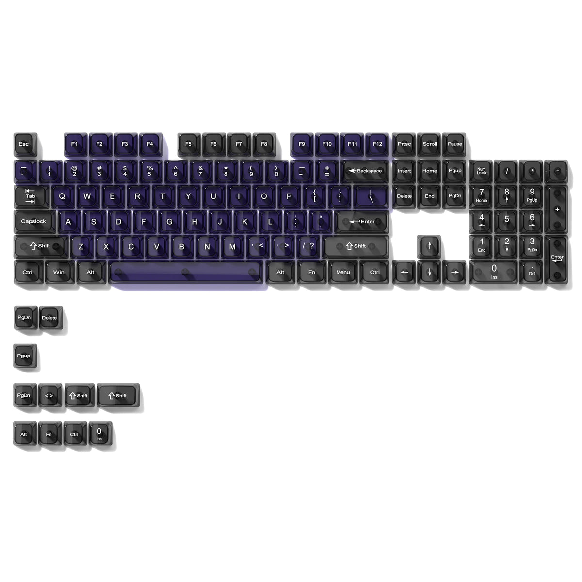 A close-up view of a full set of crystal clear RGB keycaps for a mechanical keyboard.