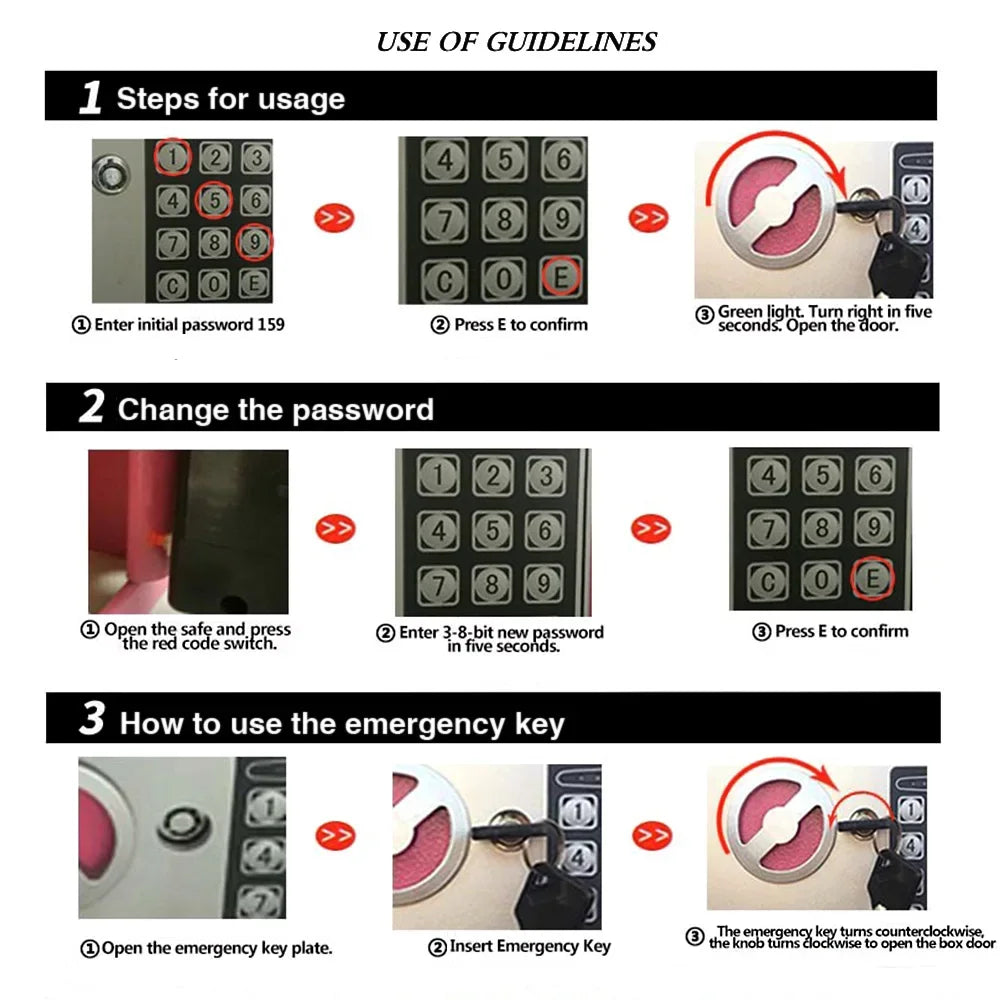 Instructions for using a digital lock safe box including steps to use guidelines and change the password