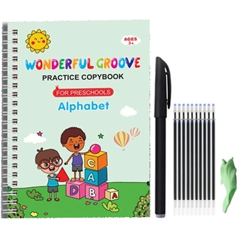 A colorful practice copybook for preschoolers featuring an alphabet and a black pen set.