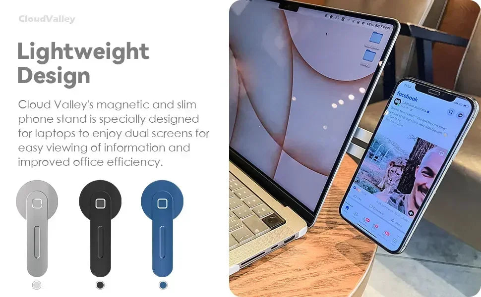 Three versions of a magnetic phone stand designed for laptops and monitors shown next to a tablet.
