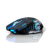 Black gaming mouse with blue accents and a silver side, shown on a reflective surface.