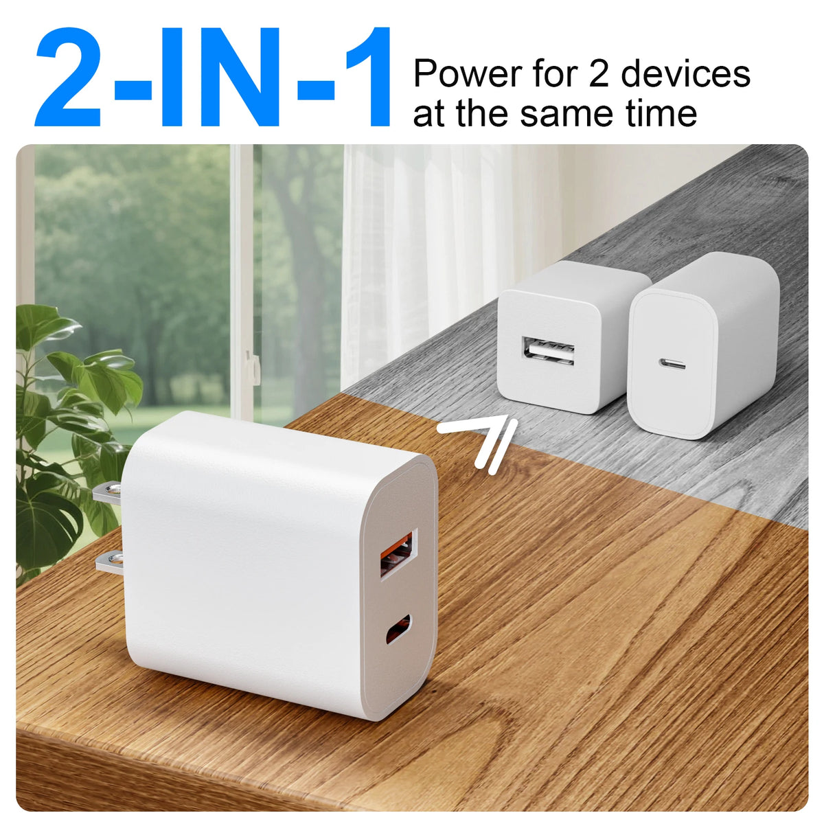 A white 2-in-1 power adapter with two USB ports is shown on a wooden table.